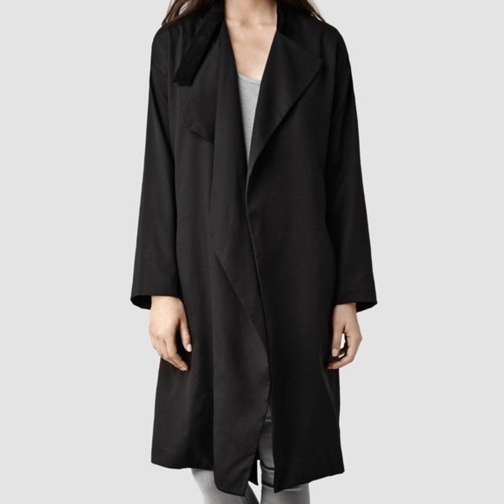 AllSaints‎ Coat Womens 2 Black Marlowe Mac Suede Collar Waterfall Drape Jacket